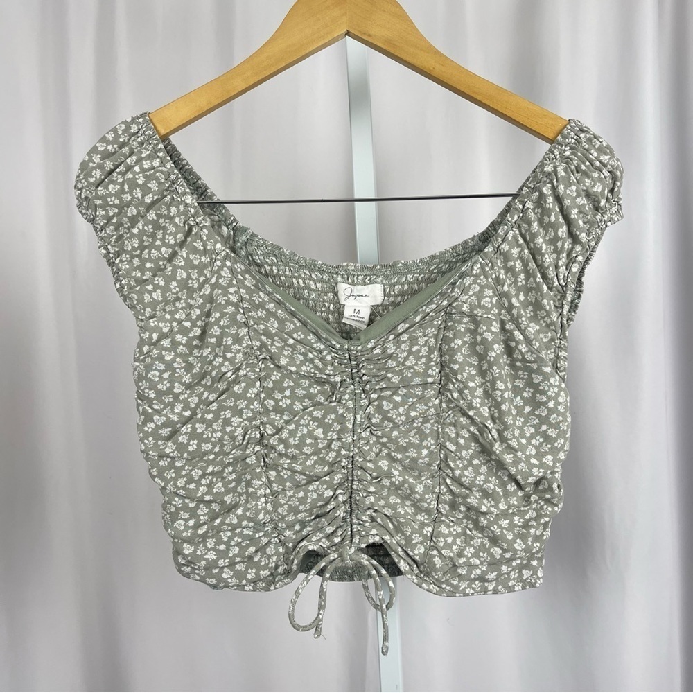 Japna Medium Ciottagecore Smocked Floral Retro Ruched Crop Top Olive Green